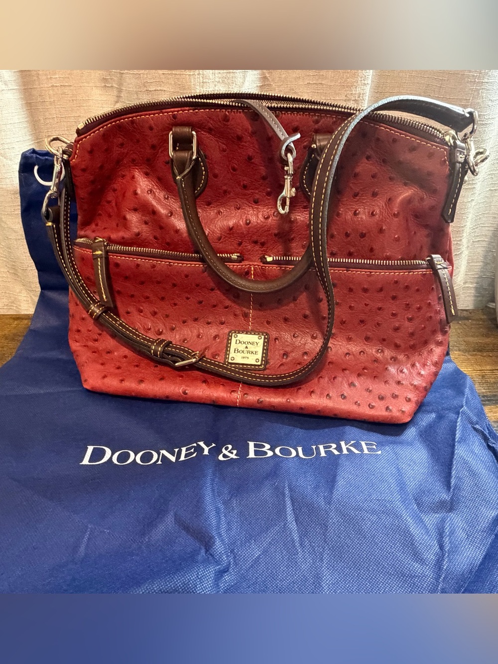 Dooney & Bourke Red Ostrich Domed Satchel Dust Bag & Card